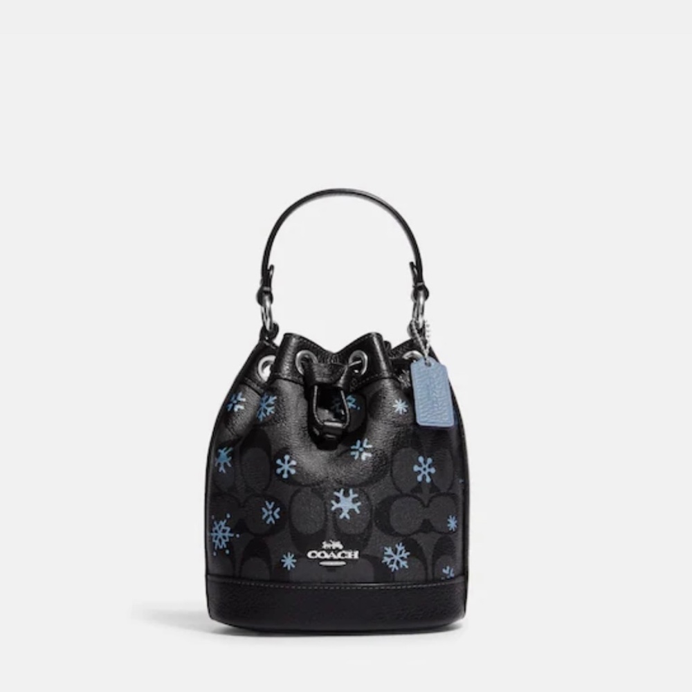 NWT COACH DEMPSEY Leather PVC Signature Bucket Crossbody Graphite/CornFlowerBlue